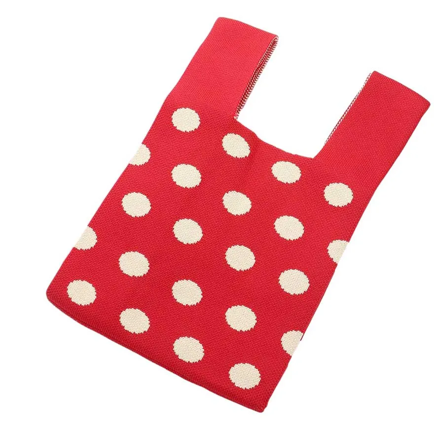 Polka Dot Patterned Knit Tote Bag