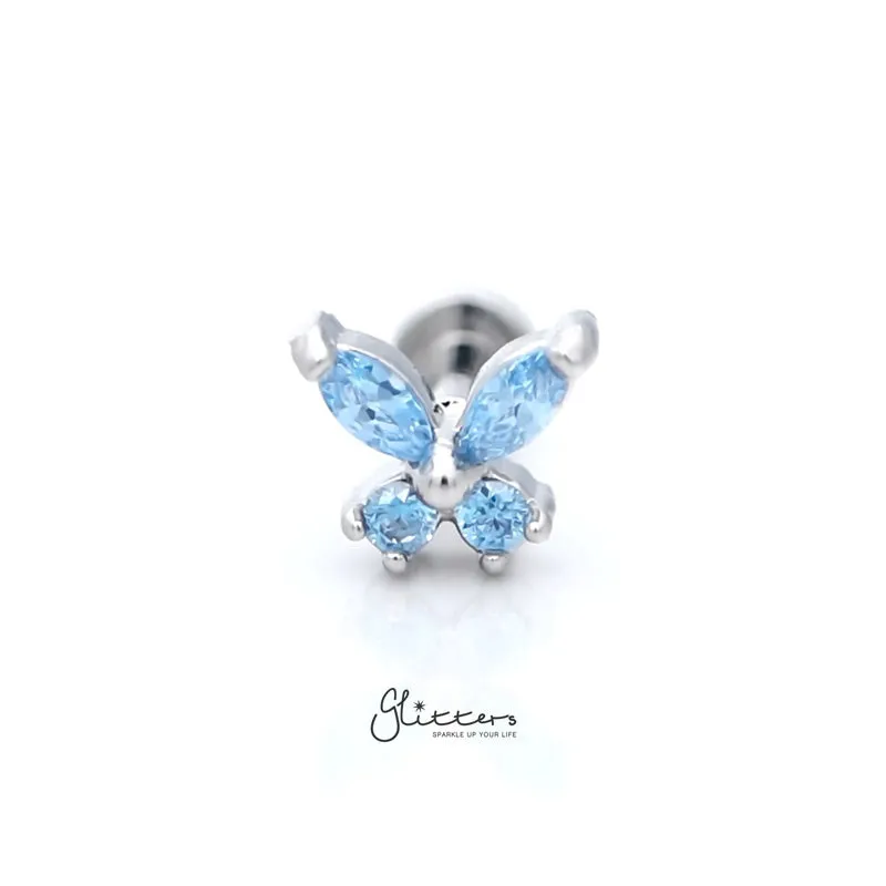 Prong Set CZ Butterfly Tragus Cartilage Barbell Stud - Aqua