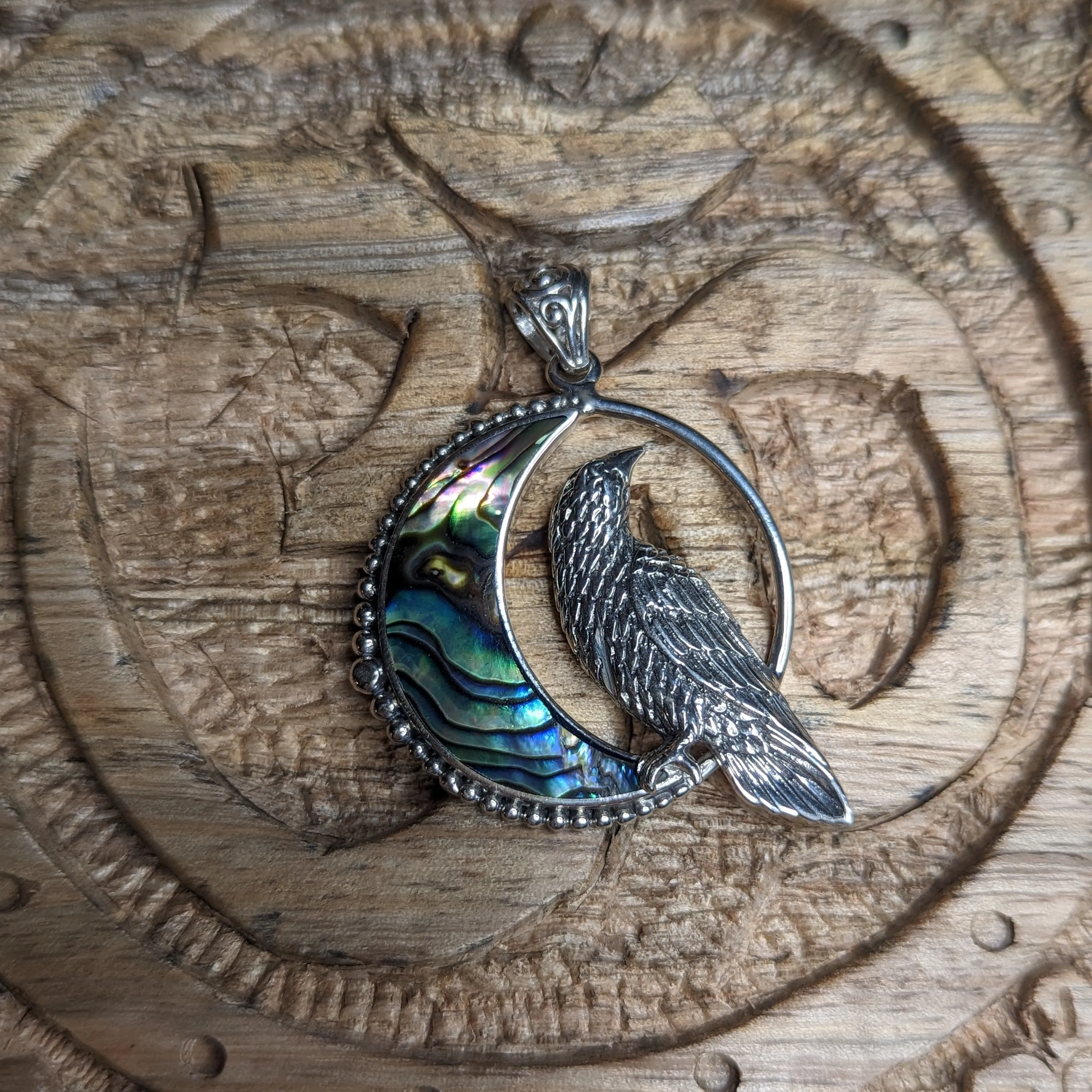 Raven & Abalone Shell Carved Moon~ Sterling Silver ~ Silver Chain Included