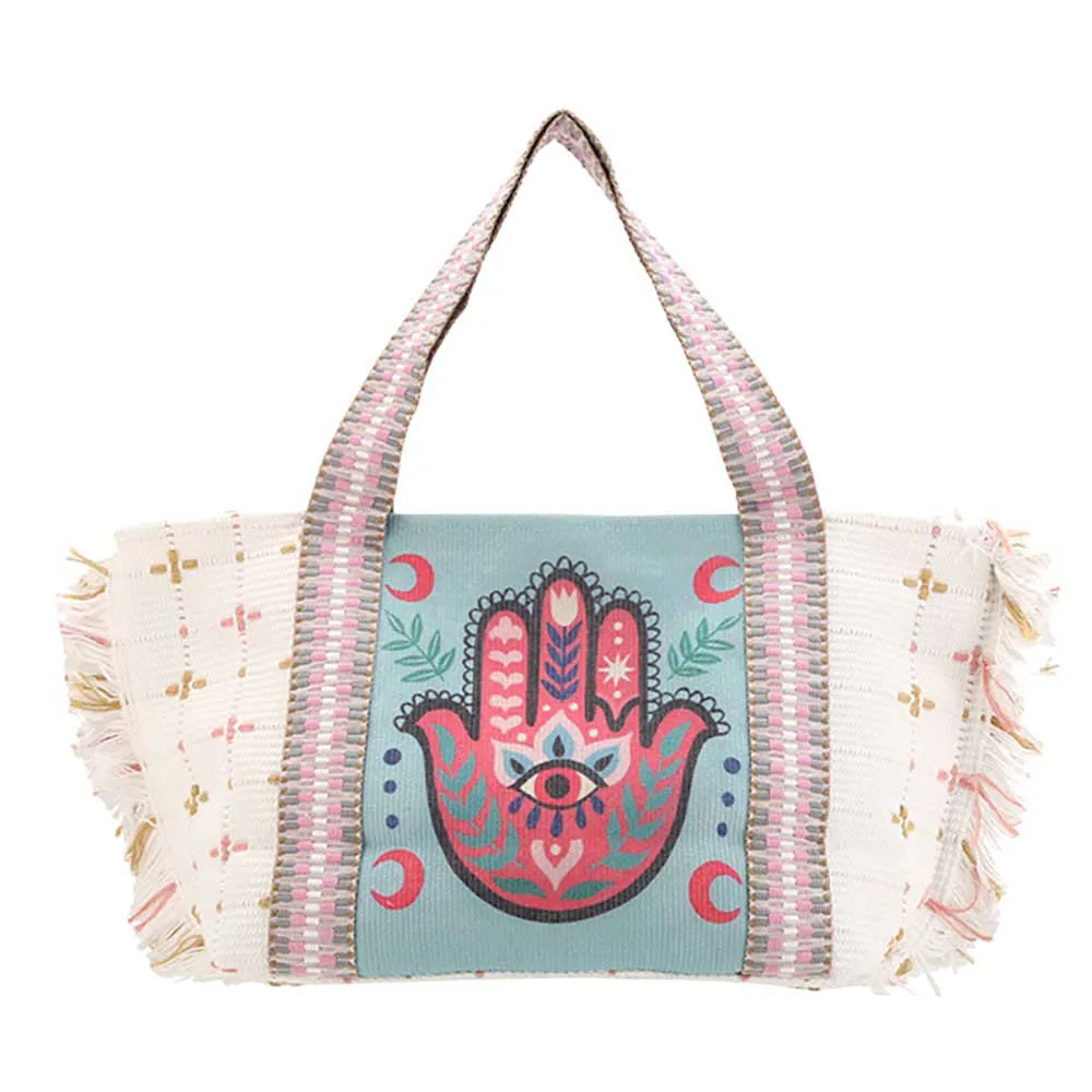 Tassel Trim Boho Hamsa Hand Pointed Tote Bag Shoulder Bag