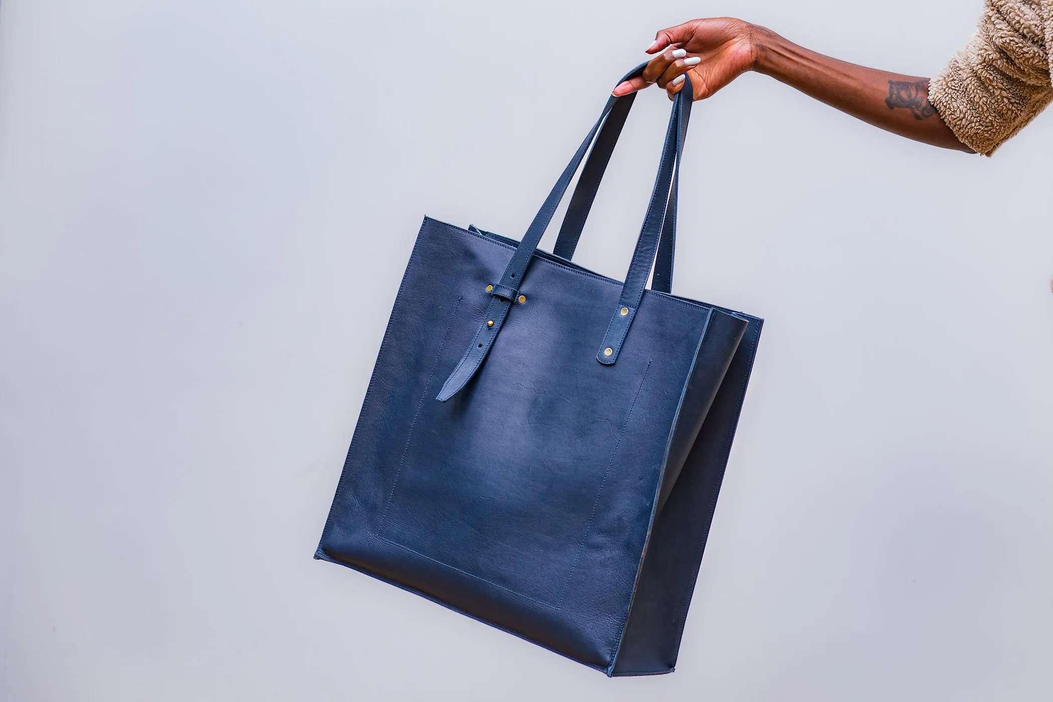 TUG Logo Double Strap Blue Leather Tote Bag