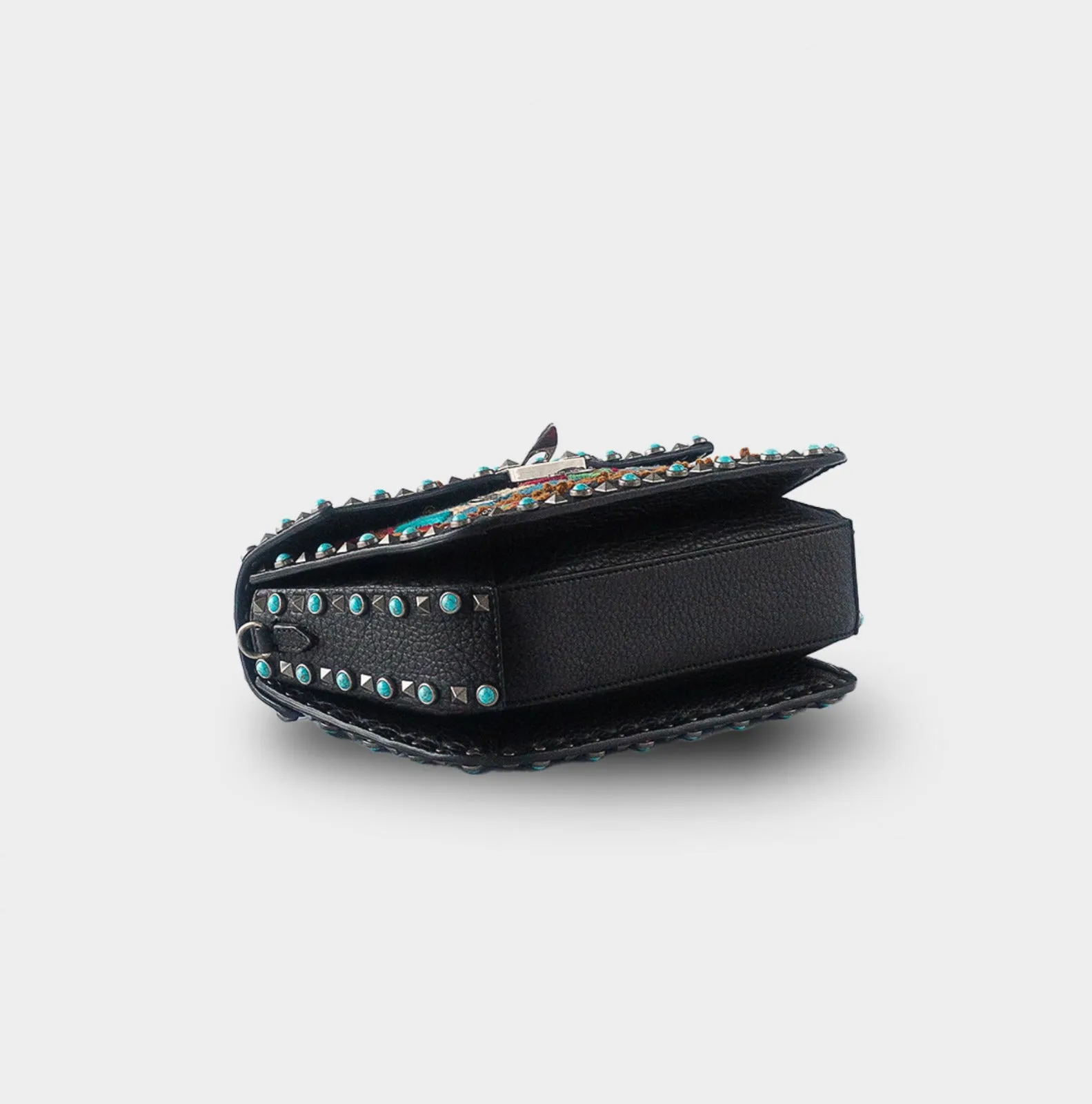 VALENTINO GARAVANI - Calfskin Embroidered Medium Guitar Strap Rockstud Rolling Flap Saddle Bag in Black