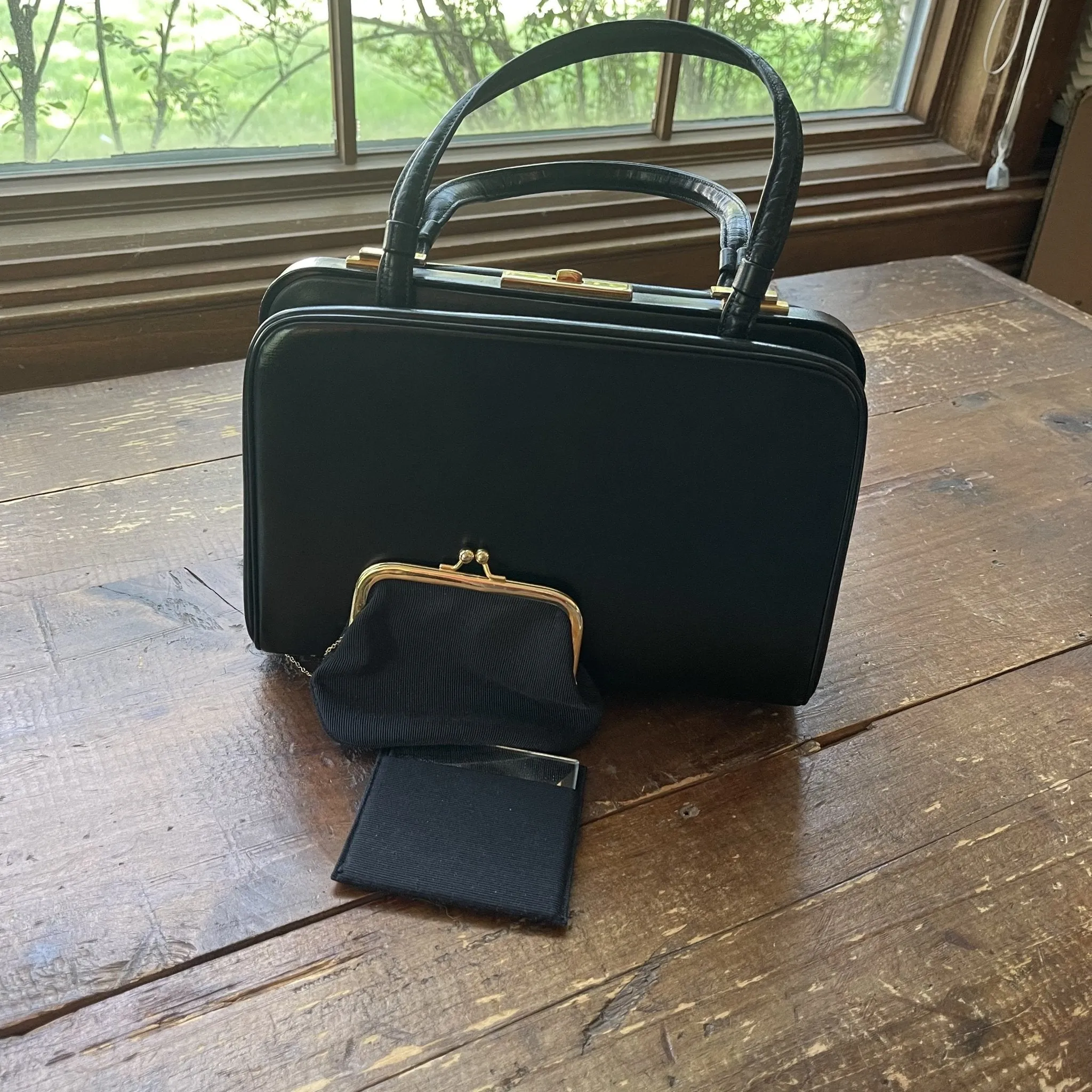 Vintage Black Leather Handbag by Koret in a Doctor Satchel Style Purse. 1950s Collectable Designer Bag.