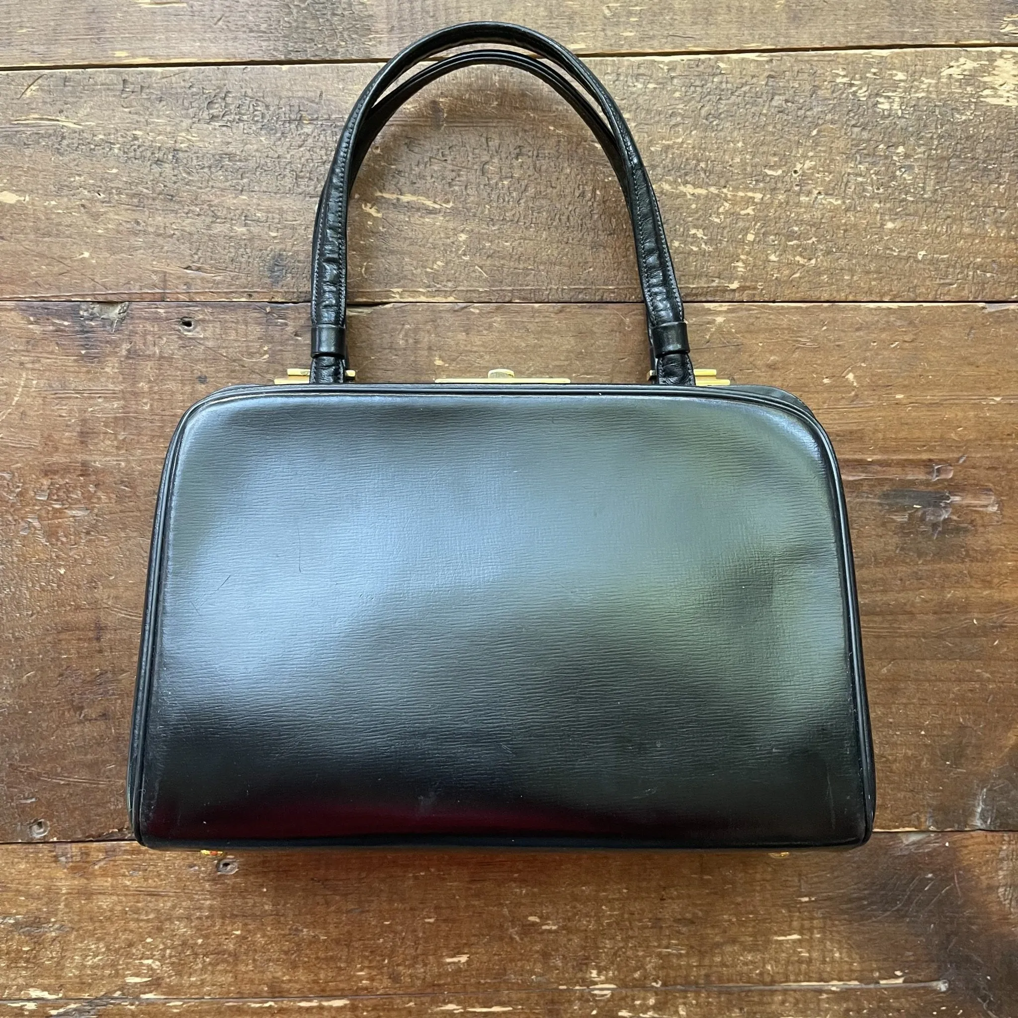 Vintage Black Leather Handbag by Koret in a Doctor Satchel Style Purse. 1950s Collectable Designer Bag.