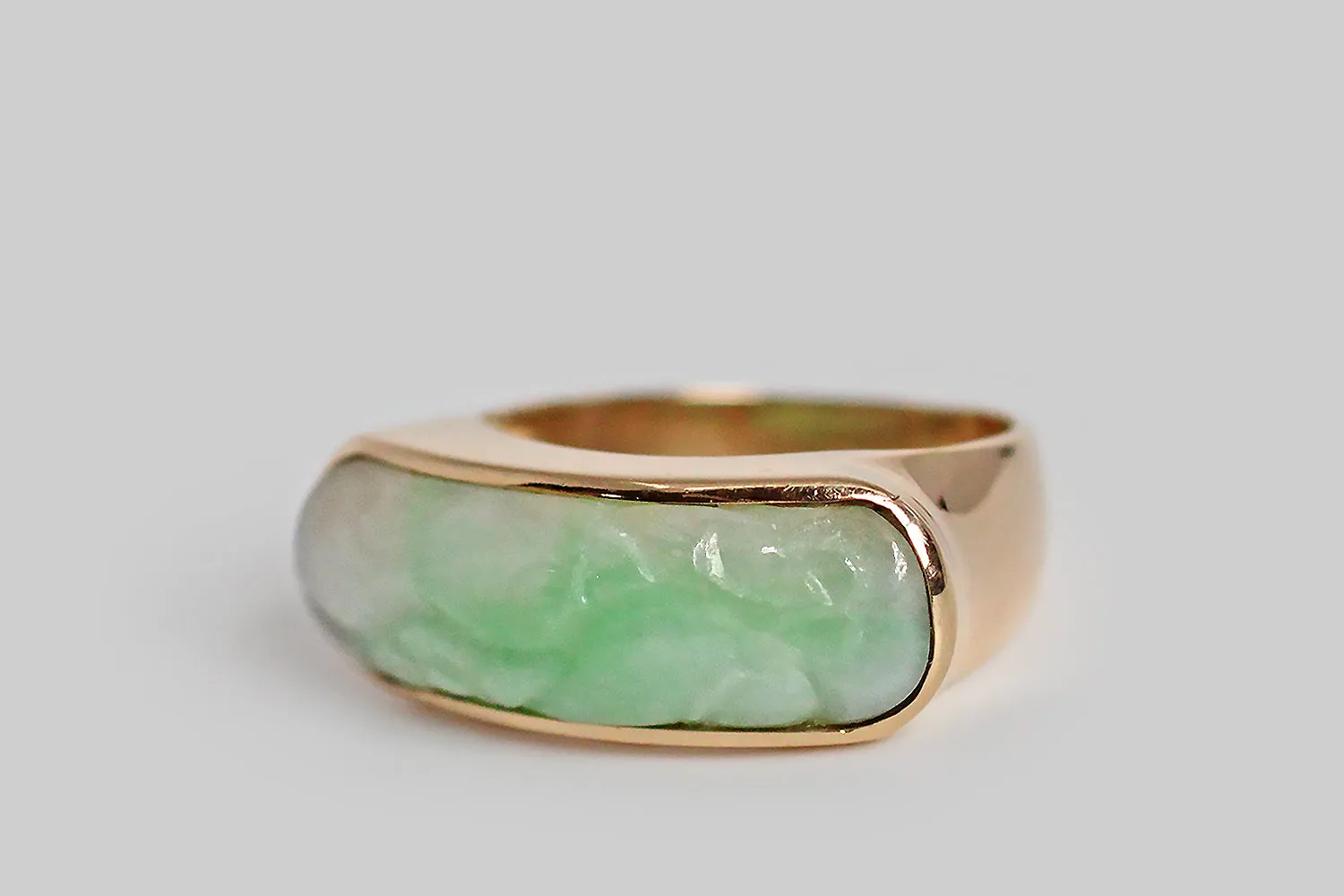 Vintage Moss In Snow Jadeite Jade Saddle Ring in 14k Gold