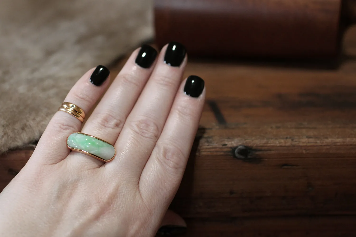 Vintage Moss In Snow Jadeite Jade Saddle Ring in 14k Gold