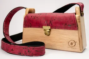 Wooden handmade shoulder bag with red cork leather.