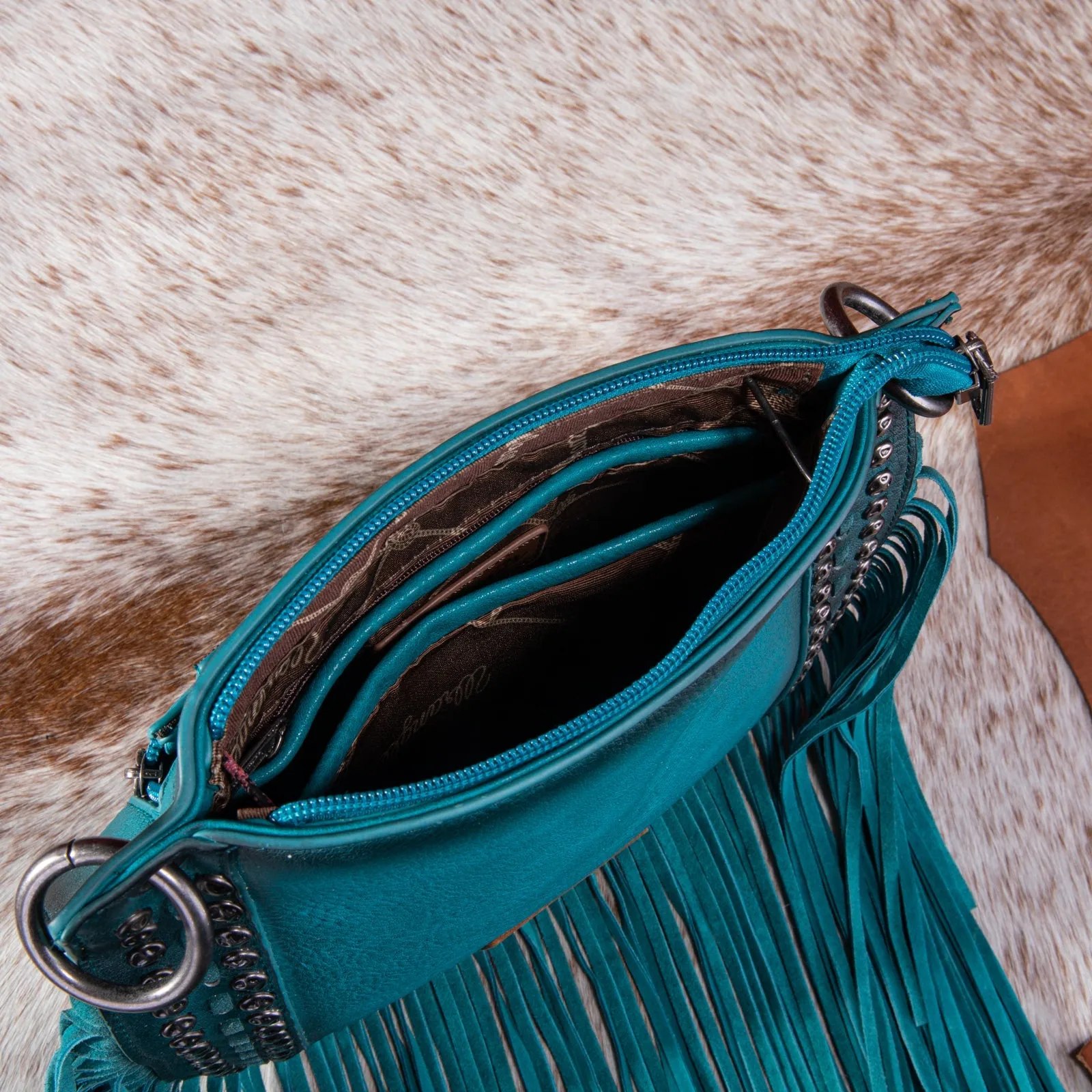 Wrangler Rivets Fringe Concealed Carry Crossbody -Turquoise